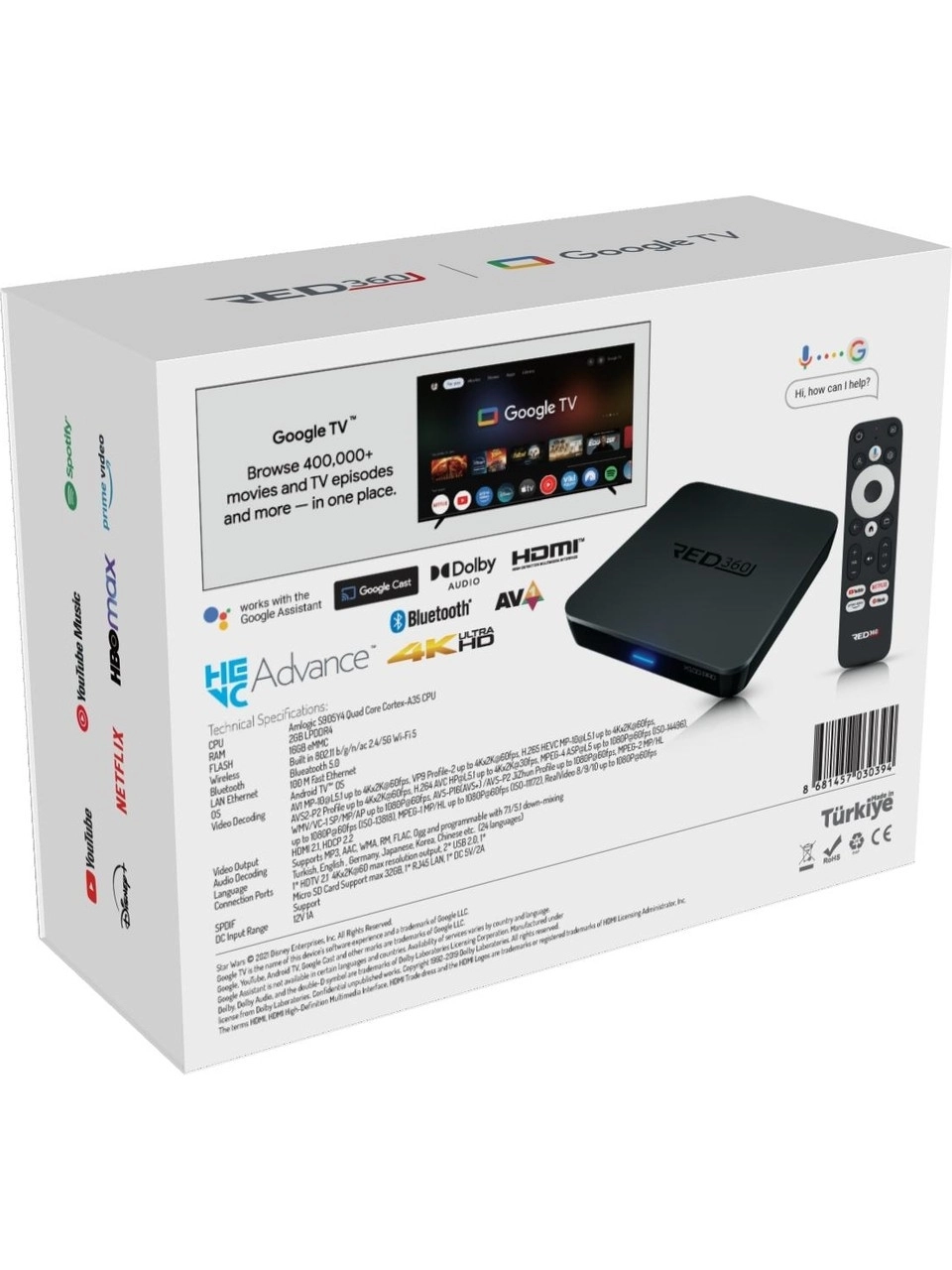 RED360 X100 Pro 16GB Google TV 4K Çözünürlük 2GB RAM Wi-Fi ve Ethernet Desteği